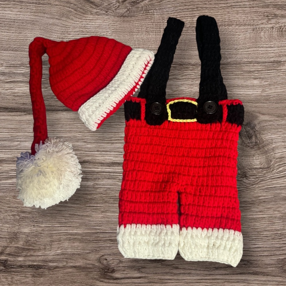 Homemade Crochet Newborn Santa set, Hat and Overalls